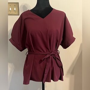 Chic Maroon V-Neck Blouse with Tie Waist